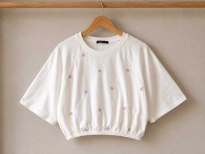 White Cropped Sweat Shirt with Floral Embroidery