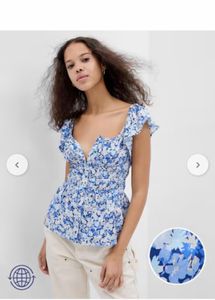 GAP Blue Floral Button-Up Peplum Top