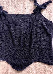 Navy Blue Knit Crop Top with Tie Shoulders