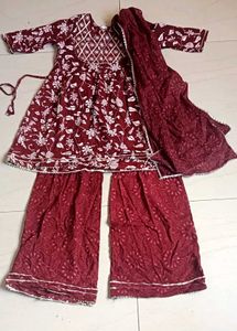 Red Floral Print Kurta with Embellished Neckline