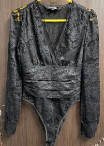 Black Lace V-Neck Long Sleeve Top (bodysuit)