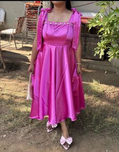 Stunning Fuchsia Satin Dress with Bows