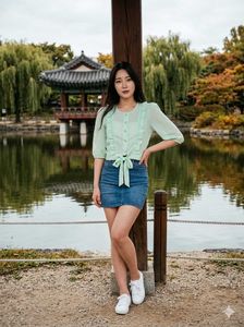 Cute Korean Pastel Green Tie-Front Ruffle Crop Top