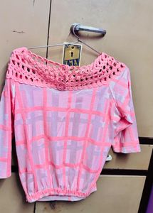 Pink Checkered Top with Crochet Neckline