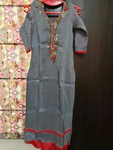 Embellished Grey Suit set with banarasi Dupatta