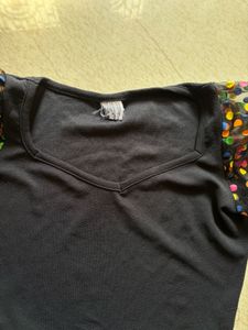 Black Top with Colorful Polka Dot Sleeves