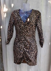 232510. Chic Leopard Print Ruched Mini Dress
