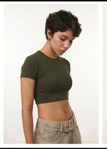 Olive Green Cropped Ribbed T-Shirt