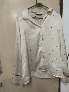 Cream Heart Print Button-Up Shirt