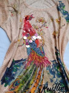 Embellished Peacock Print Tunic Top
