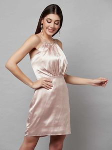 Pretty Satin Nude Halter Neck Mini Dress