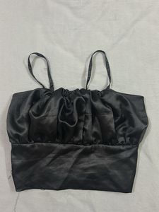 Sleek Black Satin Ruched Cami Top