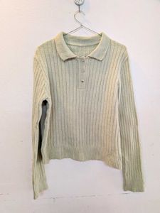 Light Green Ribbed Polo Sweater