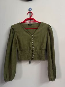 Olive Green Button-Up Crop Top