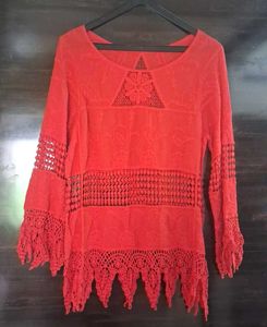 Boho Crochet Trim Red Tunic Top