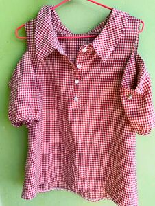 Red Gingham Cold Shoulder Top