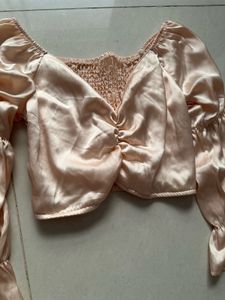 Satin Ruched Front Puff Sleeve Top