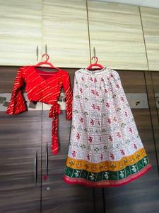Red Bandhani Blouse &amp; Printed Lehenga