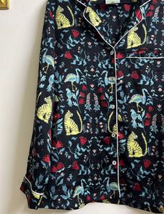 Whimsical Cat &amp; Crane Print Pajama Top