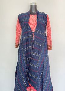 Stylish Blue Plaid shrug with kurta - two set