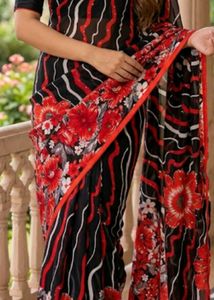Stunning Black Red Floral Saree