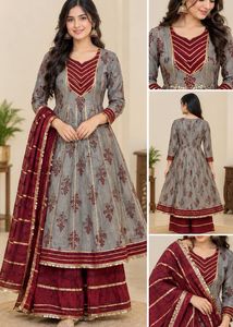 Elegant Grey & Maroon Kurta Set with Dupatta