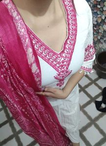 White Kurta Set with Pink Dupatta