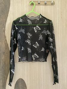 Sheer Butterfly Print Long Sleeve Top