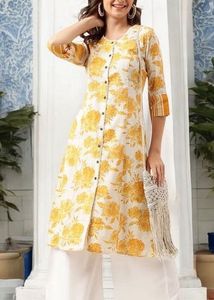 Prited A Line Kurta in Off White and Mustard