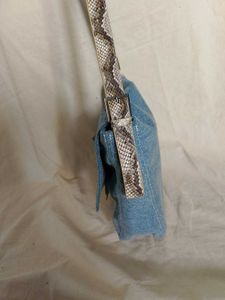 Denim Shoulder Bag with Snake Print Accent