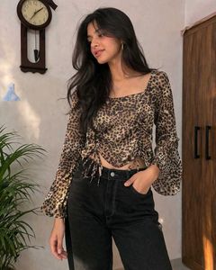 Y2K Leopard Print Long Sleeve Ruched Top