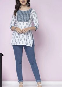 White & Navy Blue Printed Short Kurti