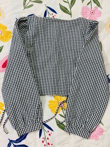 Gingham Square Neck Puff Sleeve Top
