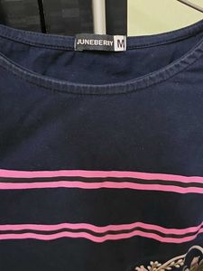 Navy Blue T-Shirt with Pink Stripes &amp; Floral Desig
