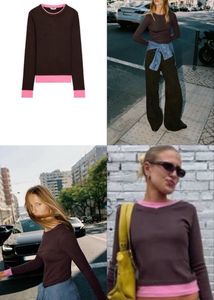 Zara Brown Long Sleeve Top with Pink Trim