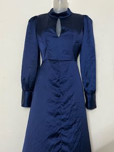 Pintresty silk Elegant Navy Blue Satin Dress