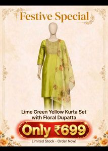 Greenish Yellow Silk Kurti Set + Floral Dupatta