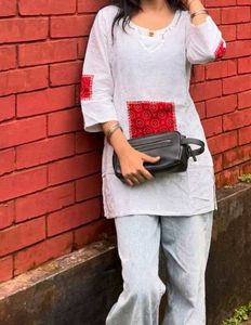 White Kurta with Red Bandhani Print
