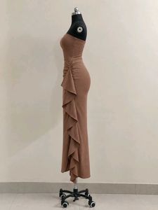 Brown Strapless Ruffle Dress