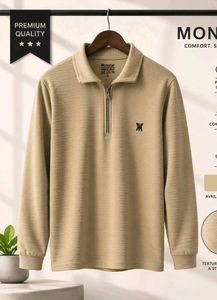 Men's Beige Quarter-Zip Polo Shirt