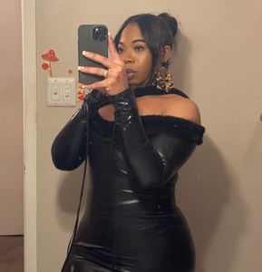Black Faux Sexy Leather Dress with Fur Trim