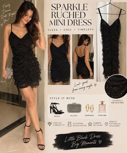 Sparkly Black Ruched Mini Dress Xs