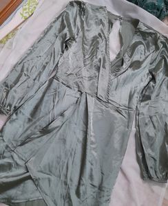 BACKLESS DEEP NECK GREEN SATIN DRESS