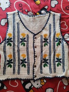 Vintage Crochet Vest with Floral Embroidery