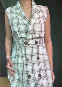 Plaid Sleeveless Blazer Slit Dress