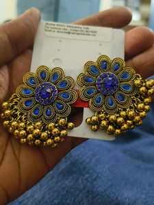 Antique Gold Jhumka Earrings with Blue Stones