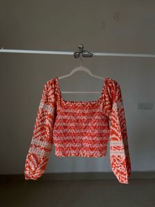 Orange Floral Smocked Crop Top w puff sleeves