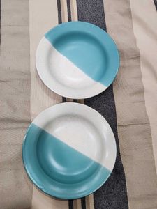 Set of 2 Blue & White Dipped Plates