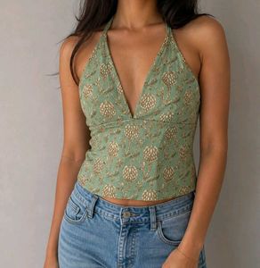 Green Floral Print Halter Top