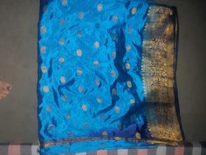 Vibrant Blue Silk Saree with Gold Motifs